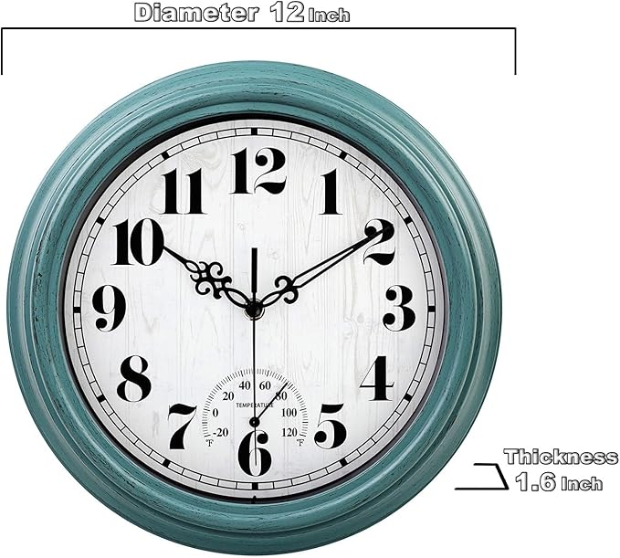 zyzamay 12 Inch Indoor Outdoor Clocks,Waterproof Wall Clock with Thermometer,Easy to Read,Non-Ticking Battery Operated Quality Quartz Clock, Decorative for Patio,Porch,Pool,Bathroom,Deck(Green)