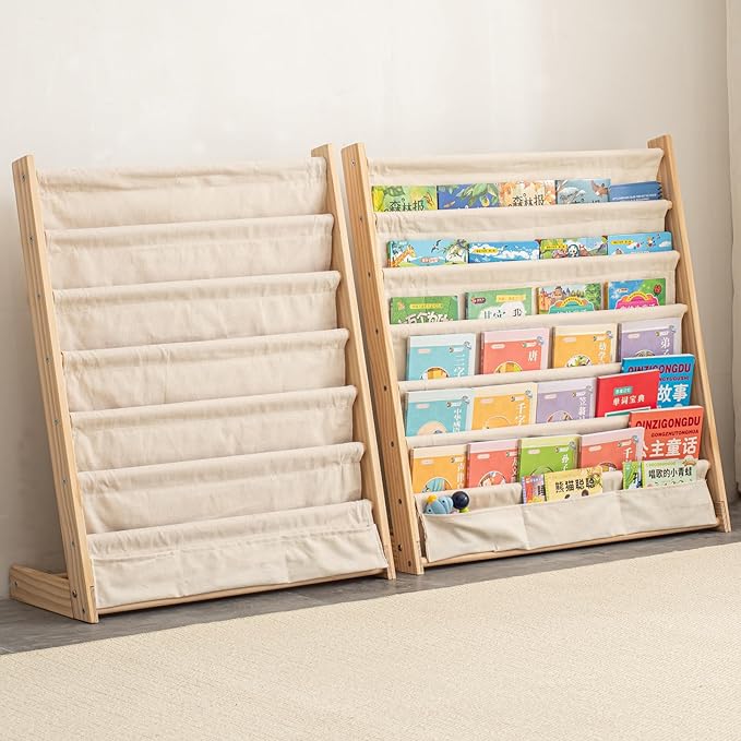 7 Tier Wooden Kids Bookshelf Book Holder Natural Wood Book Rack Storage Bookshelf for Kids Room Study Room Play Room Toy Storage Organizer (W: 24.6")