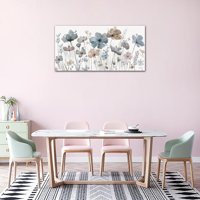 Elegant Flowers Canvas Wall Art - Floral Pictures for Wall Decor Indigo Brown Grey Canvas Painting Nature Printing Artwork for Living Room Bedroom Home Office Wall Decoration 20" x 40"