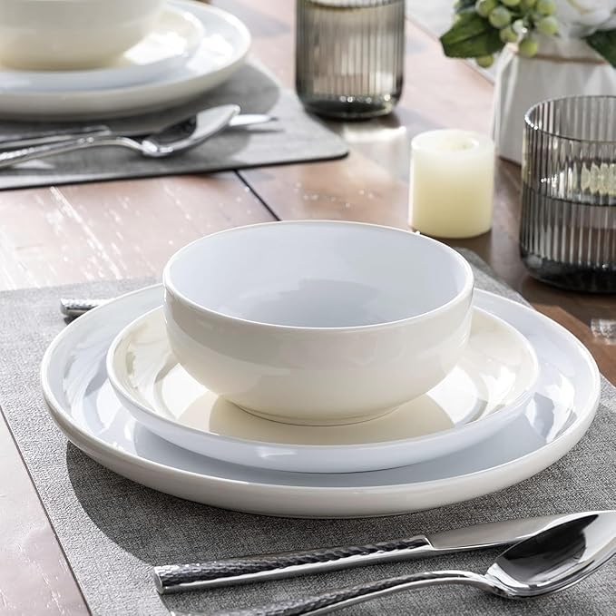 GBHOME 12 Pieces Ceramic Dinnerware Set, Modern White Dish Set for 4,Scratch Resistant Smooth Plates and Bowls Sets,Oven Safe,Microwave & Dishwasher