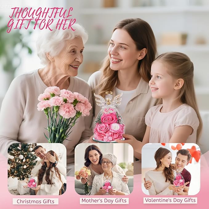 Birthday Gifts for Women Mom Preserved Roses in Glass Angel Figurines Fresh Flowers for Delivery Forever Flowers Eternal Rose Christmas for Grandma Sister Wife Her from Daughter
