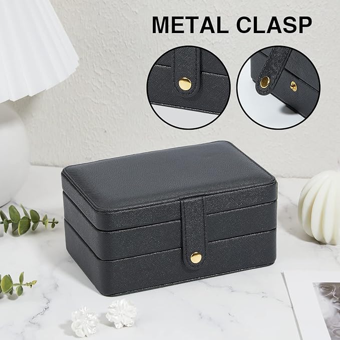 Travel Jewelry Organizer, PU Leather Small Jewelry Organizer for Women Girls, 2 Layers Portable Travel Jewelry Case for Stud Earrings, Rings, Necklaces, Bracelets(Black+Small)