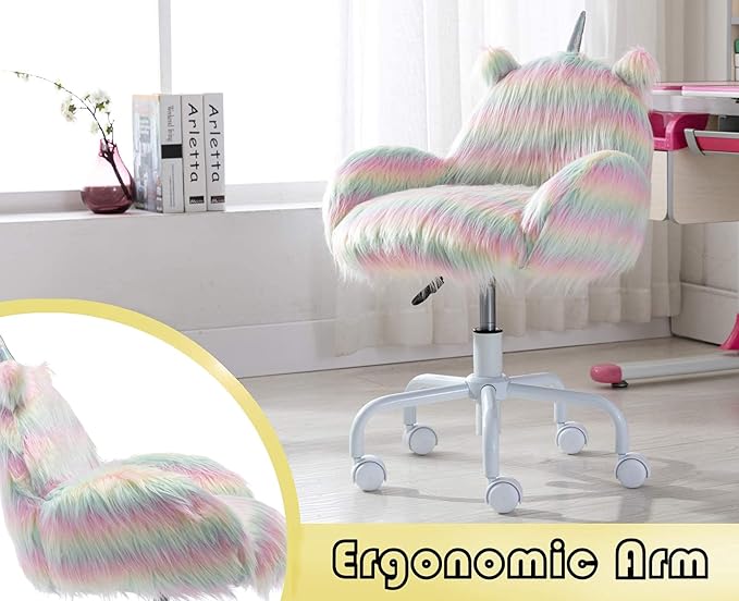 Cute Unicorn Kids Desk Chair with Arms, Swivel Rolling Ergonomic Computer Chair for Girls' Reading and Study, Rainbow Faux Fur Vanity Desk Chair