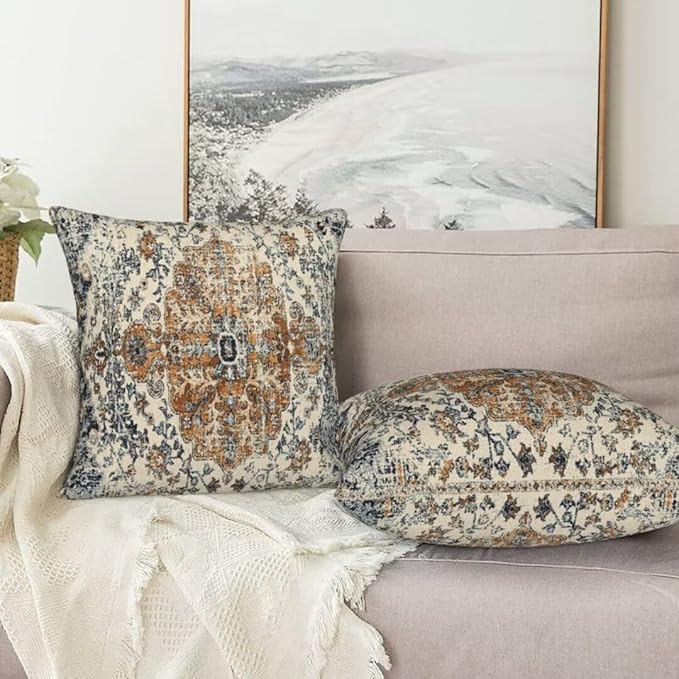 Boho Throw Pillow Covers 24x24 Set of 2, Ethnic Carpet Pattern Pillow Covers Gold Blue Rustic Farmhouse Cushion Cases Linen Decorative Gifts for Couch Sofa Indoor Outdoor