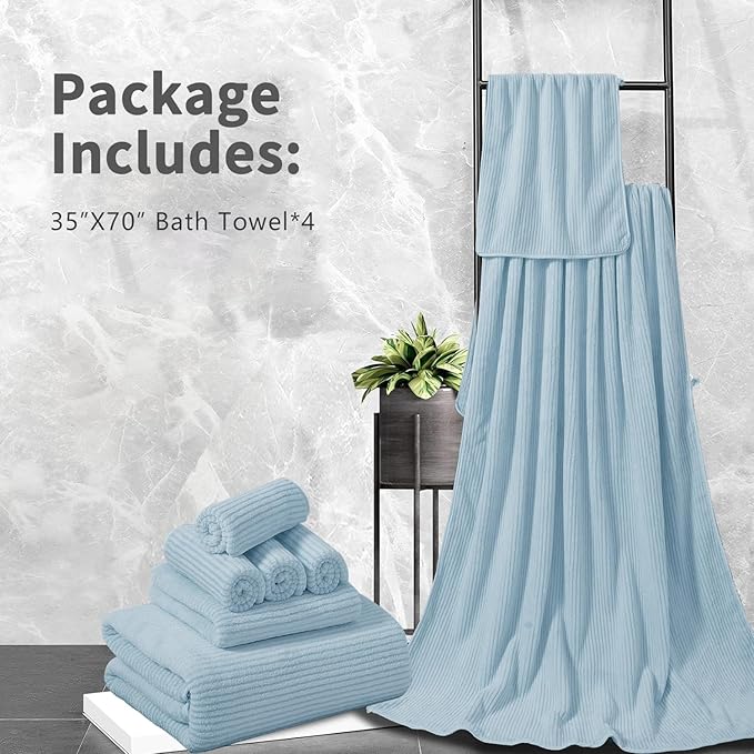 4 Piece Bath Towel Set 35"x70"Oversized Bath Towel for Bathroom Ultra Soft Fluffy Extra Large Bath Sheet Luxury Premium Bathroom Towel Highly Absorbent Quick Dry Shower Towel for Hotel Spa,Blue