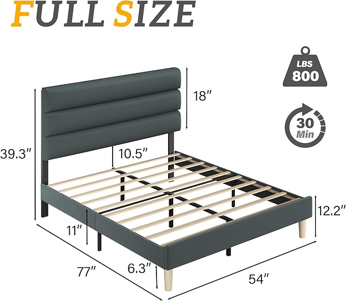 Full Bed Frame, Platform Bed Frame with Velvet Upholstered Headboard, No Box Spring Needed, Sturdy Metal Support, Noise Free, Easy Assembly, Modern Bedroom Furniture, Grey