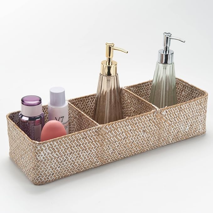 Whitewash Seagrass Toilet Tank Basket with 3 Section, Toilet Paper Basket for Bathroom Organizing, Storage Basket for Kitchen, Dresser (16.5x5.7x3.5 inch)