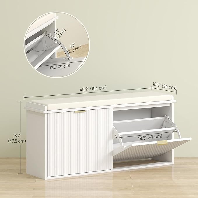 HOMCOM Shoe Bench with Padded Seat Cushion and 2 Flip-Drawers, Entryway Bench Holds up to 529lb, Shoe Cabinet, 40.9x10.2x18.7 Inches, White