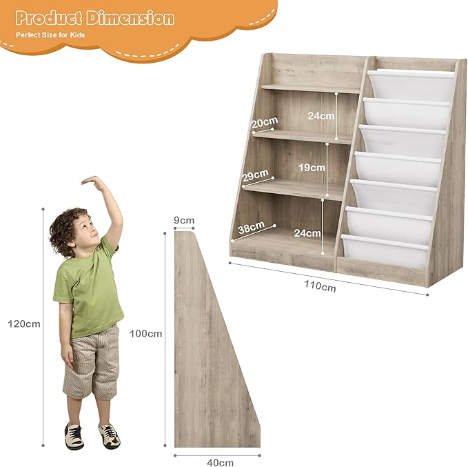 Kids Bookshelf Wood Toy Storage Organizer Cabinet Children Bookcase Toddler Baby Sling Book Rack Adjustable Shelf for Playroom Bedroom Nursery Hallway School Kindergarten