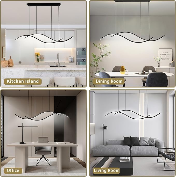 Modern Led Pendant Light, Dimmable Black Led Chandelier for Dining Room Light Fixture Over Table Creative Wave Pendant Light for Kitchen Island, Dining Room, Bedroom