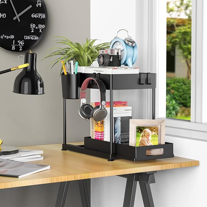 Under Sink Organizers and Storage, 2 Pack Large Capacity Heavy Load Pull-out Under Sink Shelves with Sliding Drawer for Kitchen and Bathroom, Black, 12 x 8.7 x 15.7 inch