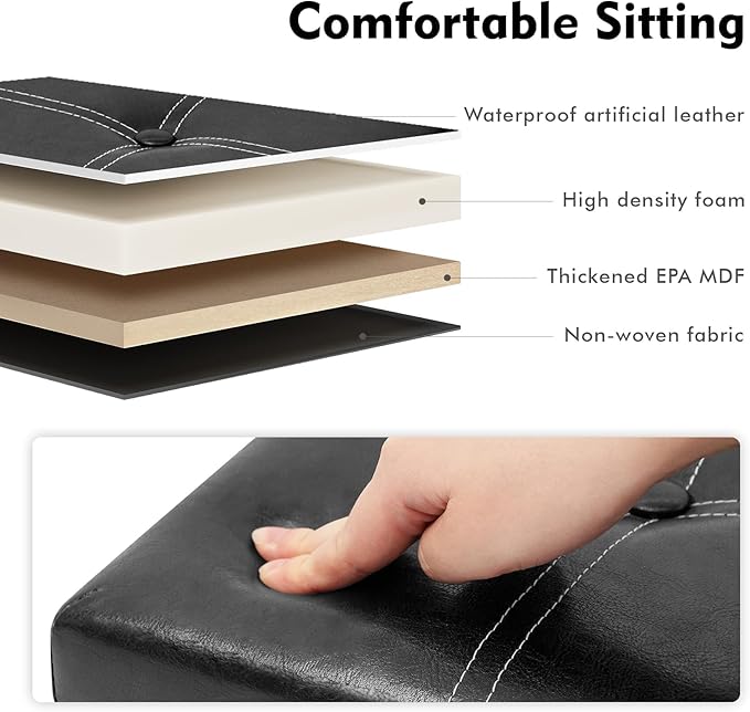 B FSOBEIIALEO Storage Ottoman with Faux Leather Foldable Small Square Foot Rest Stools Coffee Table Black 11.8"X 11.8" X 11.8"