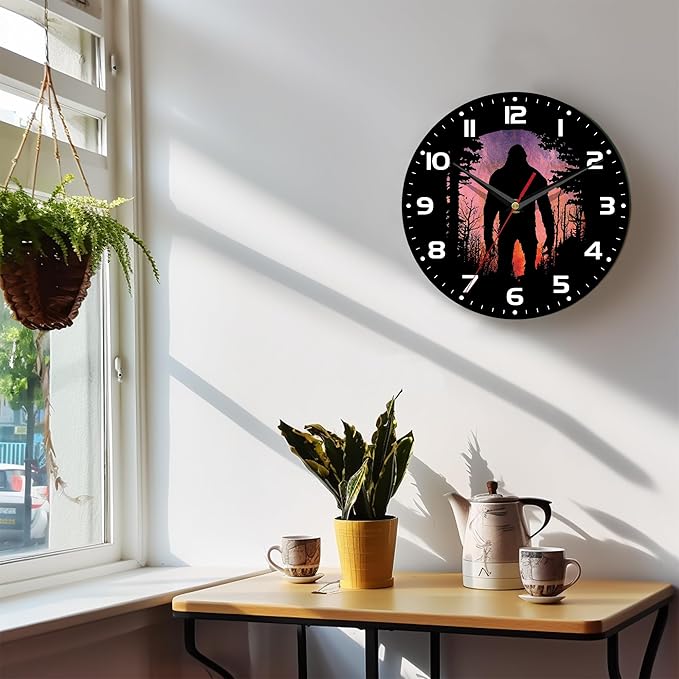 Wall Clock, 10 Inch Silent Non-Ticking Home Kitchen Decor, Battery Operated for Bathroom Bedroom Living Room Office(Bigfoot Forest Moon)