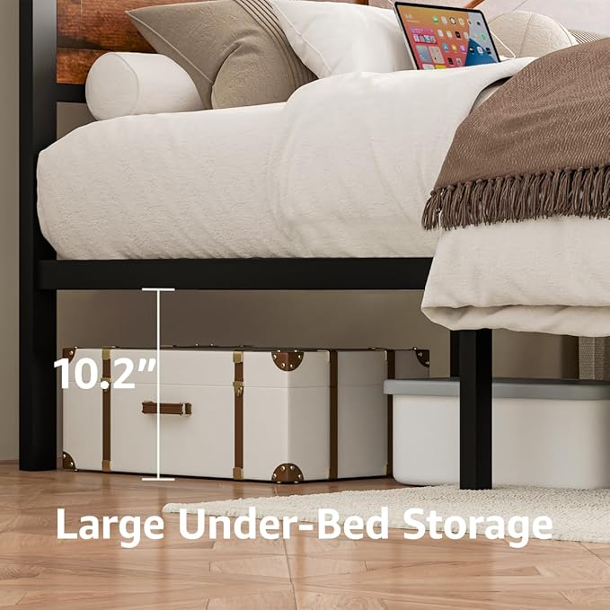 Rustic Full Size Bed Frame with Storage Drawers and Barn Door Headboard, Farmhouse LED Bed Frame Full with Charging Station, Metal Industrial Platform Bed Frames, No Box Spring Needed, Brown