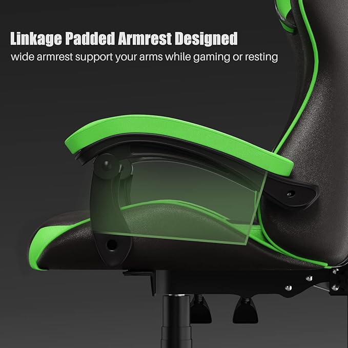 Gaming Chair High Back, Ergonomic Computer Gamer Chair with Headrest and Lumbar Support, Racing Style Reclining Game Chair for Adults, Kids (Green-Black)