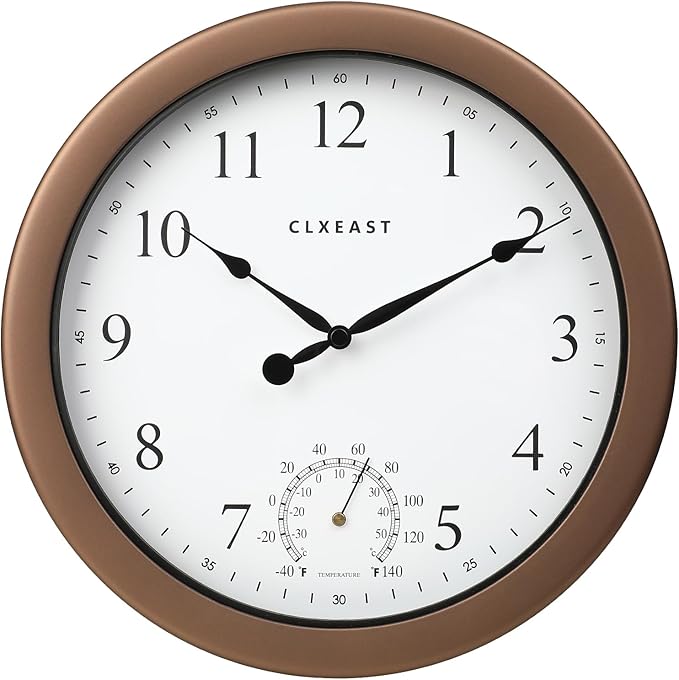 CLXEAST 10.4 Inch Indoor Outdoor Clocks Waterproof,Outdoor Clock with Temperature for Bathroom,Kitchen, Patio,Pool,Bronze/Dark Brown Finish,House Warming Gifts New Home
