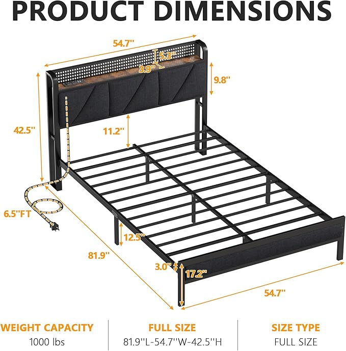 Furnulem Full Bed Frame with LED Lights,Headboard with Charging Station and USB Port,Upholstered Platform Bedframe Metal Support,No Box Spring Needed
