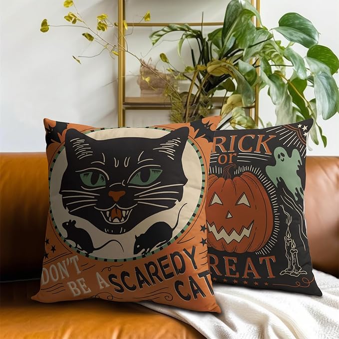 Kawani Halloween Pillow Covers 18x18 Set of 2 Vintage Halloween Decorative Scaredy Cats Pumpkins Trick Or Treat Throw Pillow Covers Farmhouse Pillowcases Cotton Cushion Cover Couch Bed Sofa Chair BZ