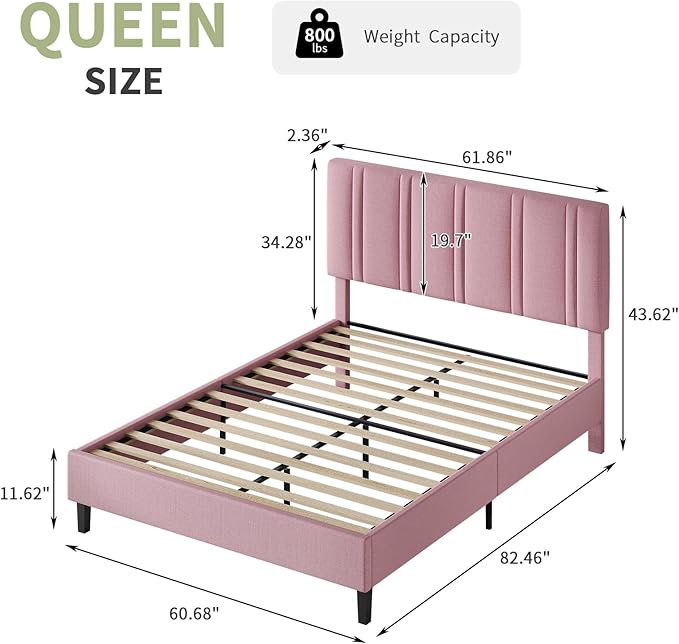 Queen Bed Frames with Tufted Headboard, Upholstered Platform Bed with Wooden Slats Support, Princess Bed Frame for Girls, Easy Assembly, No Box Spring Required, Pink