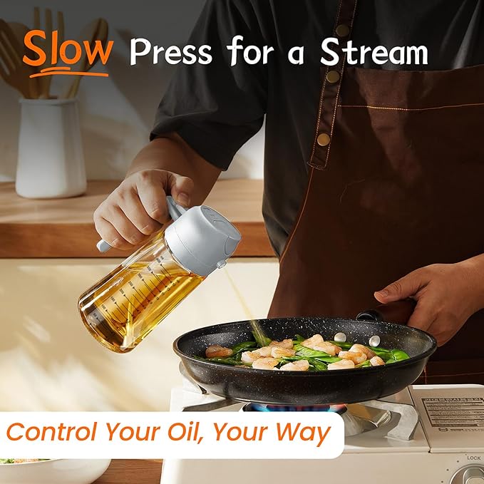 TrendPlain 16oz/470ml Glass Olive Oil Sprayer for Cooking – 2 in 1 Olive Oil Dispenser Bottle for Kitchen Gadgets and Air Fryer Accessories, Salad, BBQ - Ash