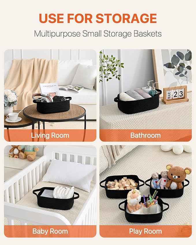KALLAX Small Woven Basket, 12 x 8 x 4.5 Inches, Small Storage Baskets for Organizing, Gift Baskets Empty, Cute Rope Shelf Closet Storage Bins for Shelves, Dog Toy Basket, 3 Packs, Black