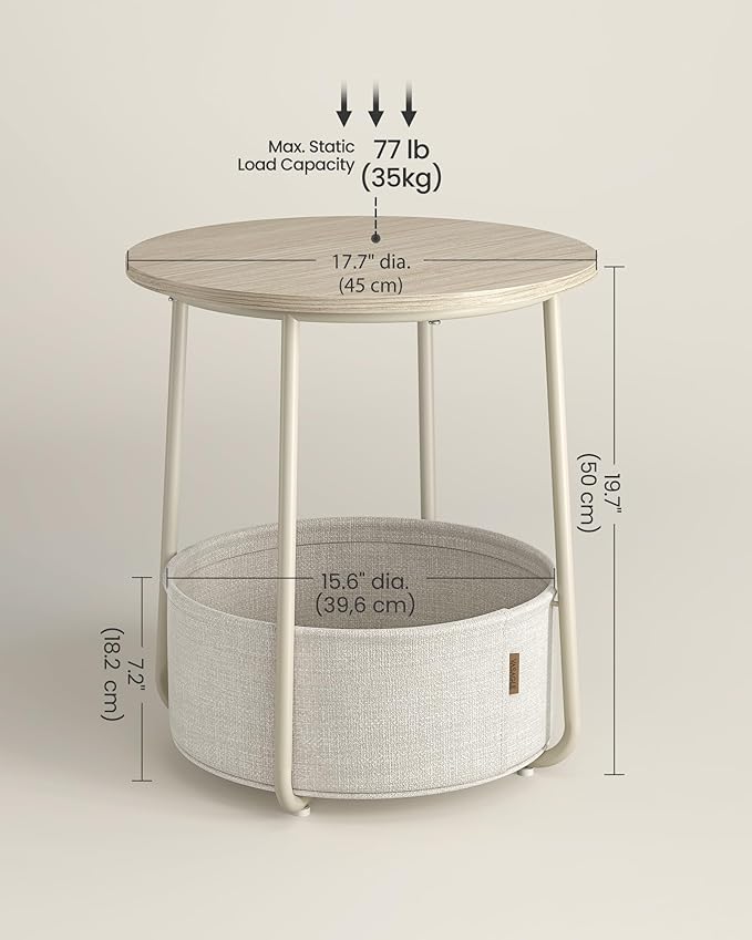 VASAGLE Small Round Side End Table, Modern Nightstand with Fabric Basket, Cream White ULET223K67