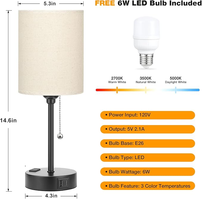 Beige Small Lamps 3 Levels Brightness - 2700K 3500K 5000K Bedside Lamps with USB C and A Ports, Pull Chain Table Lamps with AC Outlet, Nightstand Lamps with Black Metal Base for Bedroom Kids Reading