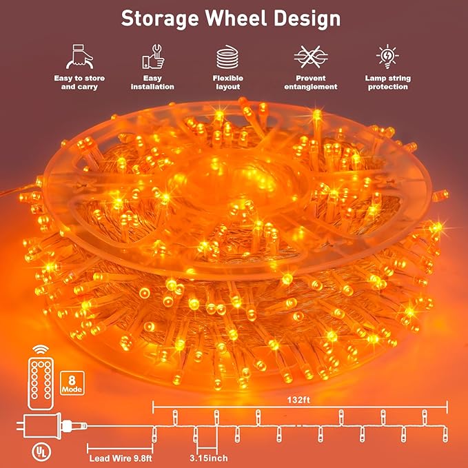JMEXSUSS 400 LED Orange String Lights Indoor Outdoor Waterproof, 132 ft 8 Modes Halloween Lights Plug in with Remote, Orange Light for Halloween Party Tree Yard Patio Deck Room Home Decor