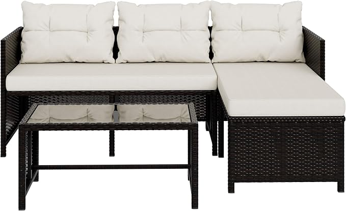 Vongrasig 3 Piece Patio Furniture Sets, All-Weather PE Wicker Outdoor Sofa Couch Sectional Set, Small Conversation Set for Garden/Patio w/Cushion, Glass Table, (Beige)