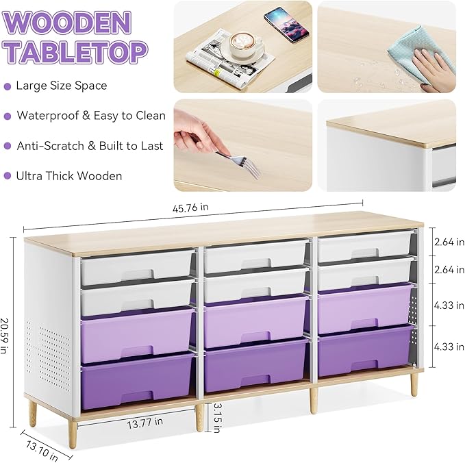 Storage Cabinet with 12 Drawers, Home Storage With Wooden Tabletop, Cube Storage Organizer for Living Room, Bedroom, Classroom, Office, Playroom, Craft Room, (Purple)