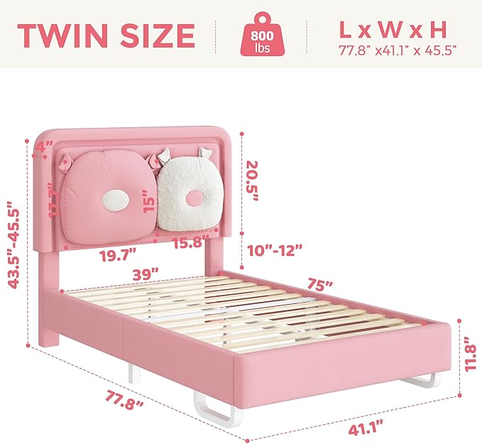 Twin Size Upholstered Bed Frame with LED Lights, Girls Bed with Adjustable Chic Double Headboard, Boucle Princess Platform Bed for Kids/Girls, Solid Wood Slats Support, No Box Spring Needed, Pink