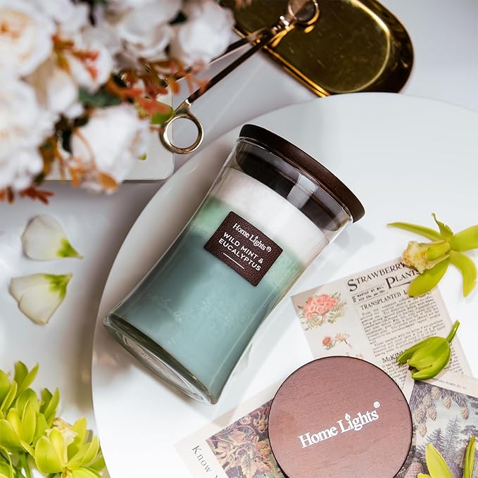 HomeLights 3-Layer Candles for Home Scented, 21.52 OZ Natural Soy Wax Scented Candles Burns Up to 100 Hours, Large Jar, Wild Mint & Eucalyptu