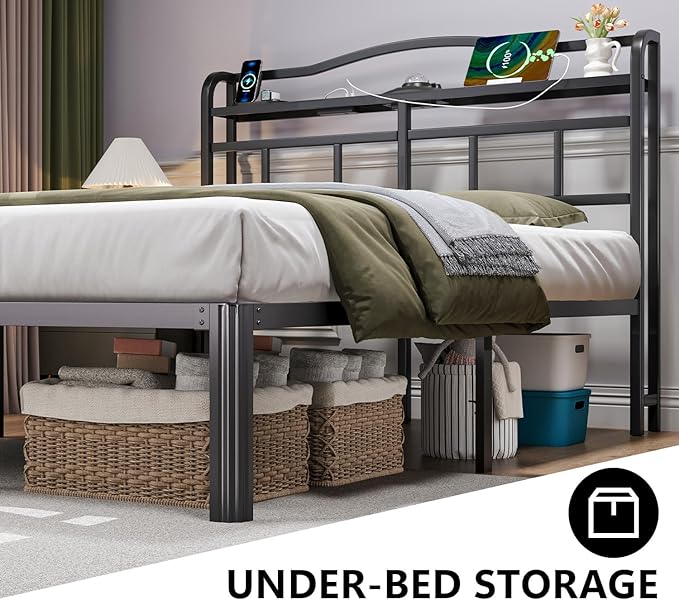 Full Bed Frame - Storage Headboard with Charging Station & Galaxy Aurora Projector, 14 Inch Sturdy Metal Platform Bed Frame No Box Spring Needed, Easy Assembly, No Noise, Black