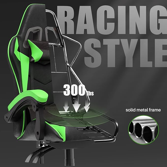Gaming Chair High Back, Ergonomic Computer Gamer Chair with Headrest and Lumbar Support, Racing Style Reclining Game Chair for Adults, Kids (Green-Black)