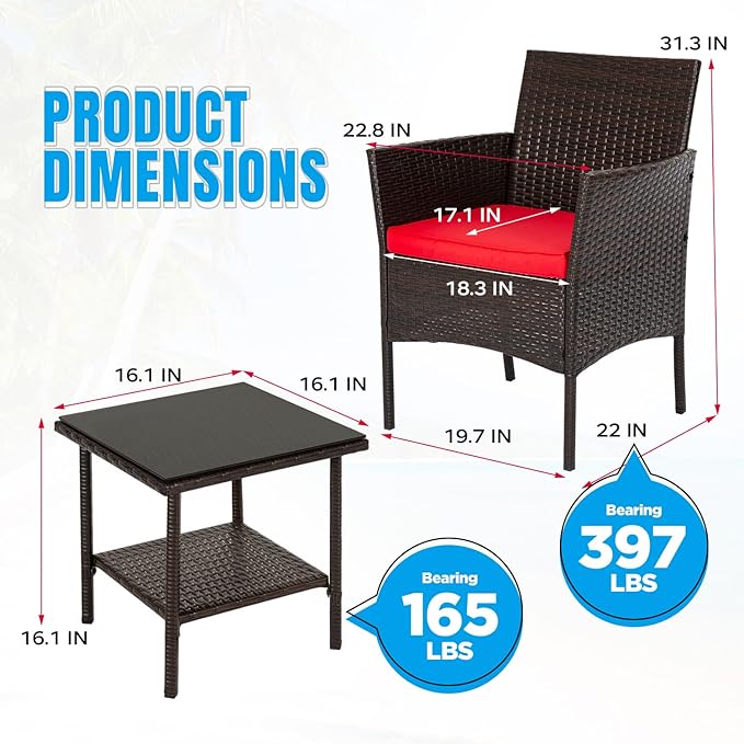 FDW | 3-Piece Patio Furniture Set | Brown & Red | Outdoor Wicker Furniture with Coffee Table | Modern Rattan Chairs Conversation Set | Outdoor Seating | Weather-Resistant | for Porch, Garden, Lawn