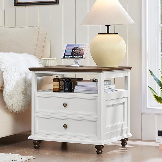 24" Wide Farmhouse Night Stand Set of 2,Large End Table with 2 Drawers & Metal Handle,White Wood Dresser for Bedroom, Bed Side Table Chest of Drawers Cabinet, Nightstand for Living Room,Closet