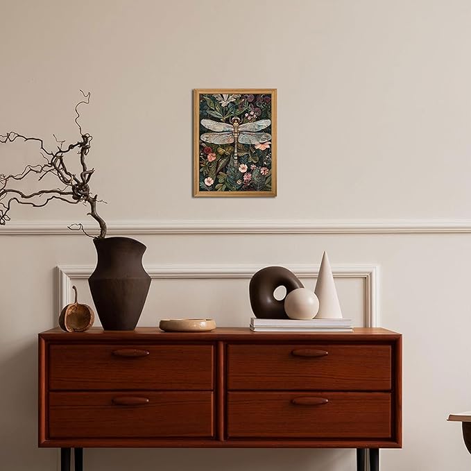 Framed Vintage 3D Textured Wall Art - Dark Green Dragonfly Flowers Wall Decor - Hand Drawn Sandstone Nature Botanical Pictures for Living Room Bedroom Home Decor 8x10in