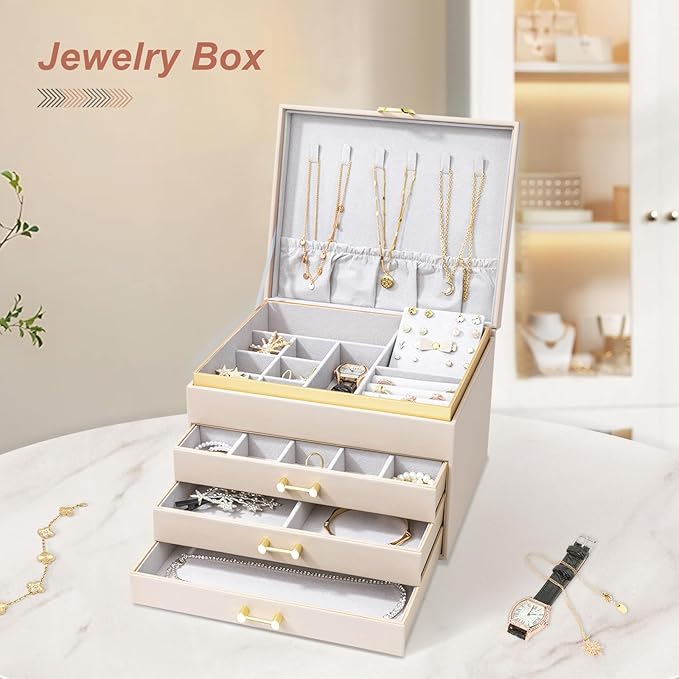 Jewelry Box Organizer for Women Girls, 4-Layer Large Jewelry boxes with 3 Drawers Jewelry Storage Case for Earrings Bracelets Necklaces