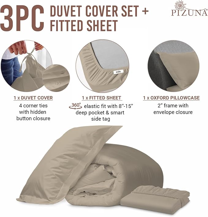 Pizuna 100% Cotton Twin 2 Pc Duvet Cover + 1 Pc Fitted Sheet Set 400 Thread Count Simply Taupe Sateen Weave Luxurious Long Staple Cotton 4 Piece Bedding Set-1 Duvet Cover, 1 Pillow Sham,1 Fitted Sheet