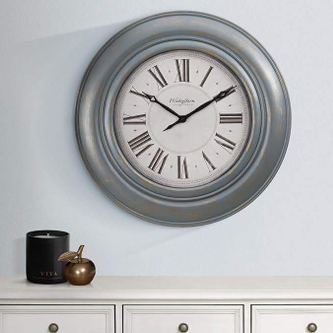 Extra Large Wall Clock, 30 Inch, Blue Bronze, Silent Non-Ticking Quartz Movement, Battery Operated, Decorative Roman Numeral, Vintage Clock Living Room, Office, Home Decor