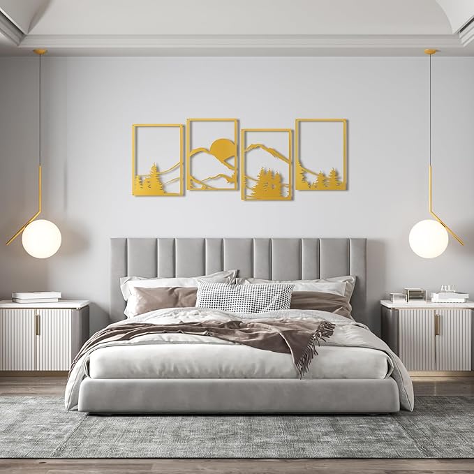 Art3d Black Metal Wall art, 4 Pieces Wall Decor for Living Room Bedroom Hallway Hotel, Natural Mountain Wall Art Style, Line Art Wall Décor