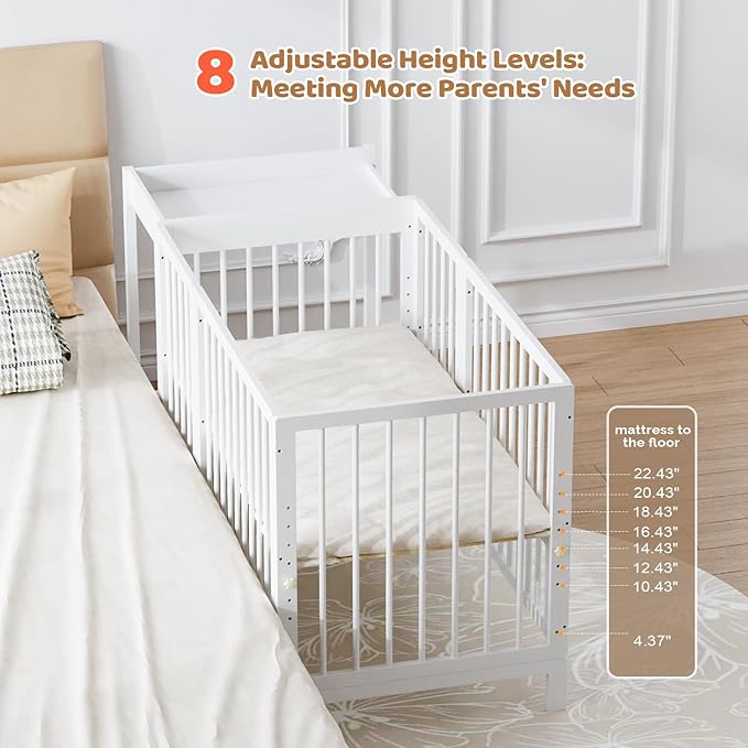 JOYMOR 8 in 1 Convertible Crib with Changer, Include 2” Mattress, Converts to Bassinet, Mid Crib, Full Size Crib, Daybed,Toddler Bed and Playard (Crib with Changer, White)