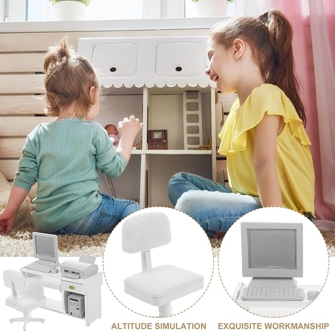1 Set Miniature Office Desk: Dollhouse Computer Desk Mini Toys for Crafts - Tiny House Wood Computer Model Miniature Office Furniture Ornament for Kids Doll House(White)