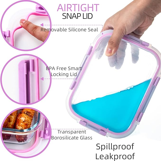 UMEIED 10 Pack Glass Food Storage Containers with Lids, Leakproof Airtight Glass Meal Prep Containers For Lunch, On The Go, Leftover, Dishwasher Safe