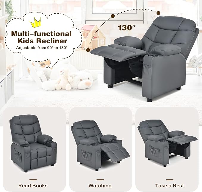 GLACER Kids Recliner Chair w/Cup Holder & Side Pockets, Children Recliner w/Comfortable Backrest, Armrests & Footrest, Toddler PU Leather Recliner for Boys Girls, 3+ Age Group (Grey)