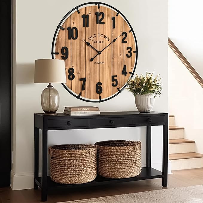 30 Inch Farmhouse Wall Clock Large Old Town Vintage Rustic Wooden Clock with Metal Rim and Large Numerals, Silent Battery-Operated for Office, Kitchen, Bedroom, and Living Room