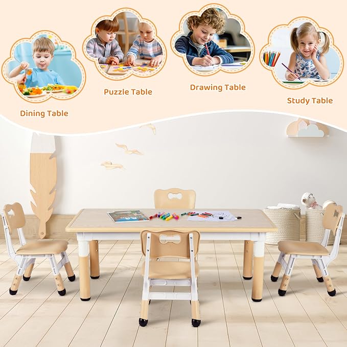 Arlopu Kids Table and 4 Chair Set, Height Adjustable Toddler Table and Chair Set, Non-Slip Legs, Graffiti Desktop, Large Children Activity Table, Reading Daycare Classroom Home (Beige)