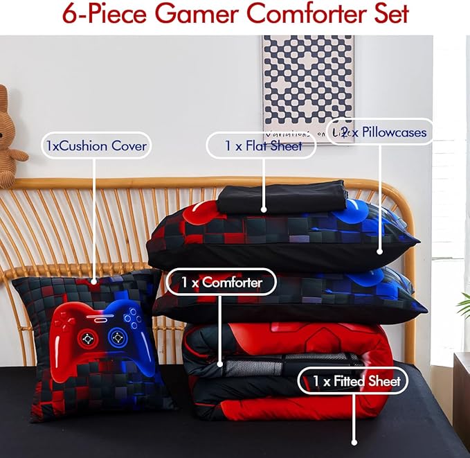 PERFEMET 6-Piece Boys Bedding Set Queen Size Red and Blue Game Console Kids Bed in A Bag Soft Lightweight 3D Cool Video Gamer Comforter Set with Sheets(Red Blue, Queen)