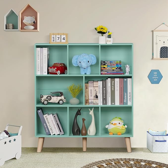 LEYAOYAO 8 Cube Bookshelf 3-Tier Bookcase with Legs, Mint-Green Kids Book Shelf Cute Storage Organizer, Large Open Toy Shelves Modern Bookshelves,Display Bookcases for Bedroom,Living Room,Nursery