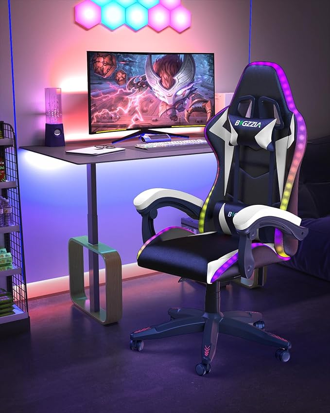 Bigzzia Gaming Chair with RGB LED Lights, High Back Ergonomic Computer Gamer Chair with Headrest and Lumbar Support, Racing Style Reclining Game Chair for Adults, Kids(Black/White)